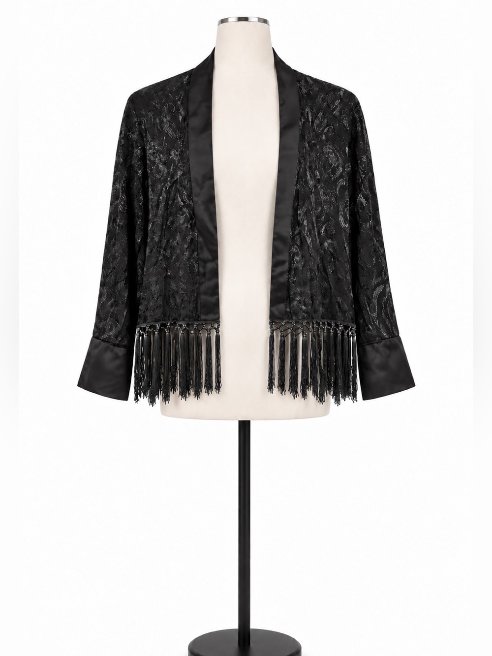 Zara Woman Black Floral Fringe Kimono Jacket Size Large New With Tags